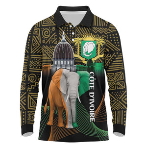 Personalized Cote dIvoire Independence Day Long Sleeve Polo Shirt Ivory Coast Elephant African Pattern