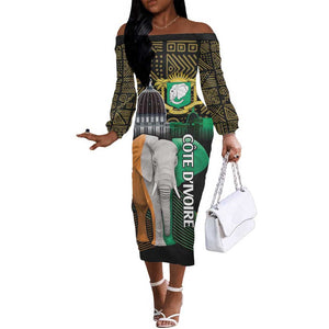 Personalized Cote dIvoire Independence Day Off The Shoulder Long Sleeve Dress Ivory Coast Elephant African Pattern