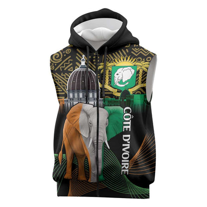 Personalized Cote dIvoire Independence Day Sleeveless Zip Hoodie Ivory Coast Elephant African Pattern - African Pride