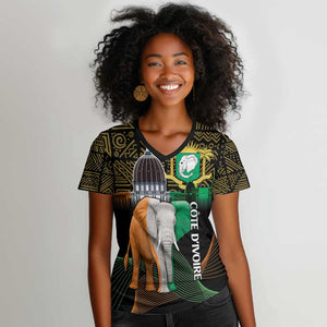 Personalized Cote dIvoire Independence Day Women V-Neck T-Shirt Ivory Coast Elephant African Pattern