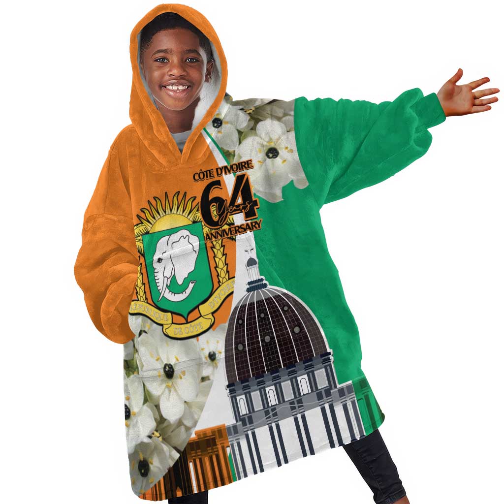 Personalized Ivory Coast Independence Day KId Wearable Blanket Hoodie Ornithogalum Arabicum Happy 64 Years Anniversary