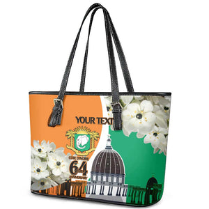 Personalized Ivory Coast Independence Day Leather Tote Bag Ornithogalum Arabicum Happy 64 Years Anniversary