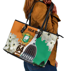 Personalized Ivory Coast Independence Day Leather Tote Bag Ornithogalum Arabicum Happy 64 Years Anniversary