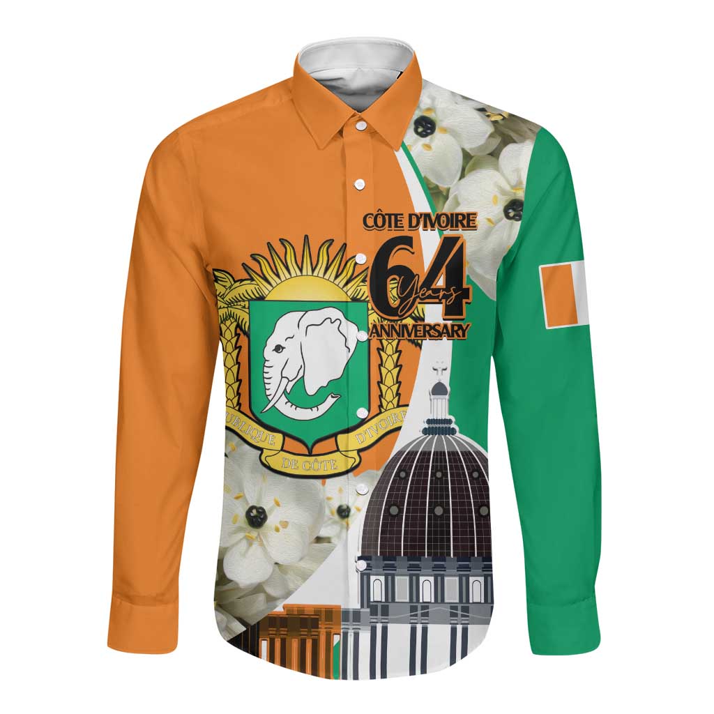 Personalized Ivory Coast Independence Day Long Sleeve Button Shirt Ornithogalum Arabicum Happy 64 Years Anniversary