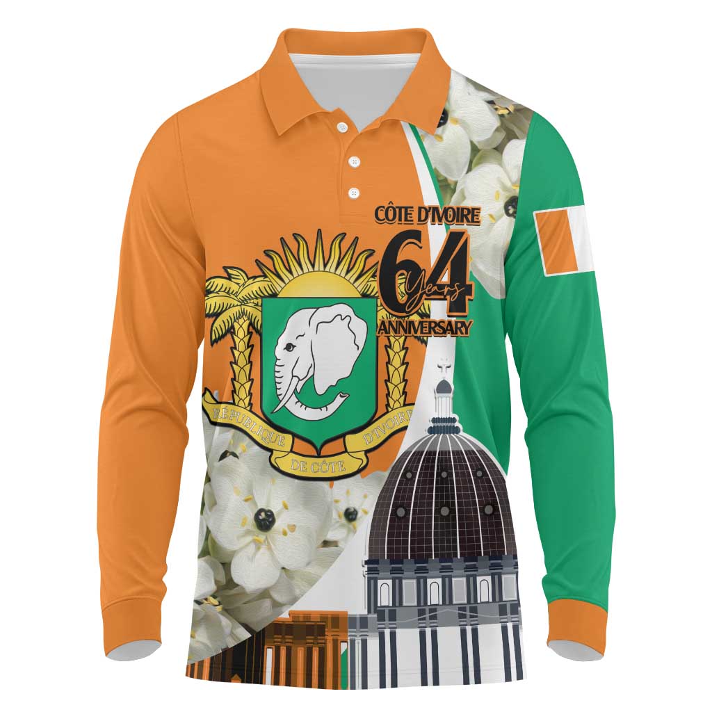 Personalized Ivory Coast Independence Day Long Sleeve Polo Shirt Ornithogalum Arabicum Happy 64 Years Anniversary