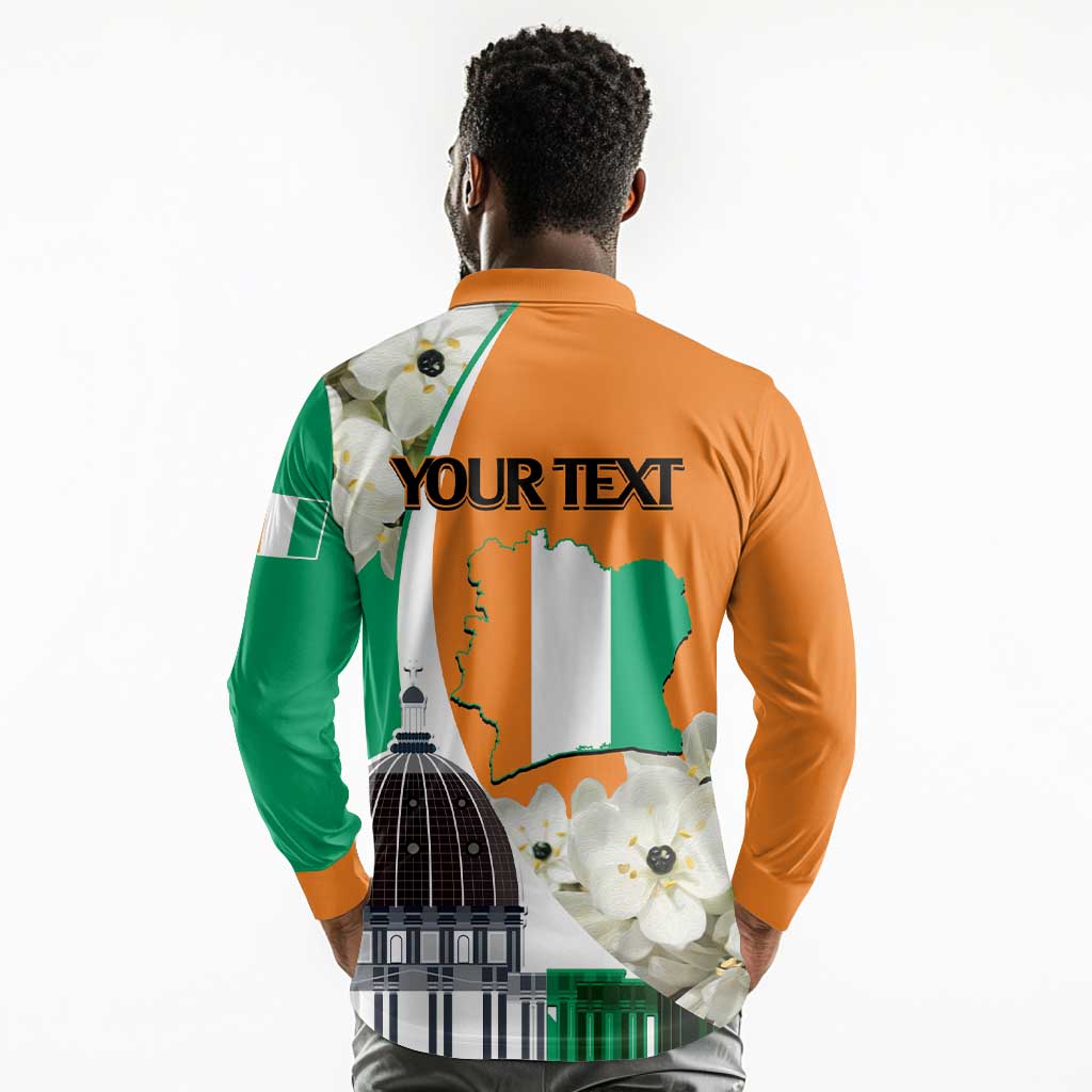 Personalized Ivory Coast Independence Day Long Sleeve Polo Shirt Ornithogalum Arabicum Happy 64 Years Anniversary