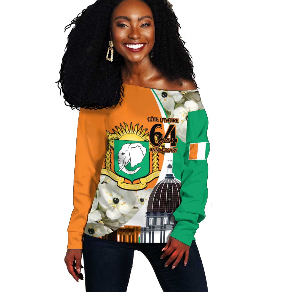 Personalized Ivory Coast Independence Day Off Shoulder Sweater Ornithogalum Arabicum Happy 64 Years Anniversary