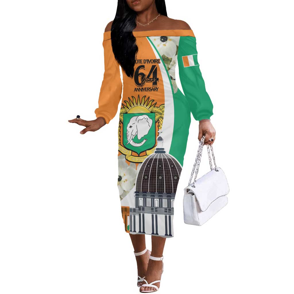 Personalized Ivory Coast Independence Day Off The Shoulder Long Sleeve Dress Ornithogalum Arabicum Happy 64 Years Anniversary