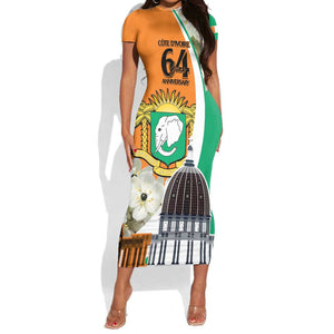 Personalized Ivory Coast Independence Day Short Sleeve Bodycon Dress Ornithogalum Arabicum Happy 64 Years Anniversary