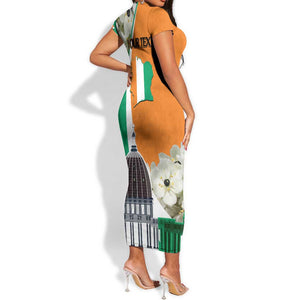 Personalized Ivory Coast Independence Day Short Sleeve Bodycon Dress Ornithogalum Arabicum Happy 64 Years Anniversary