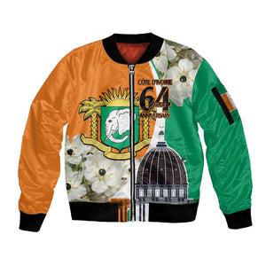 Personalized Ivory Coast Independence Day Sleeve Zip Bomber Jacket Ornithogalum Arabicum Happy 64 Years Anniversary