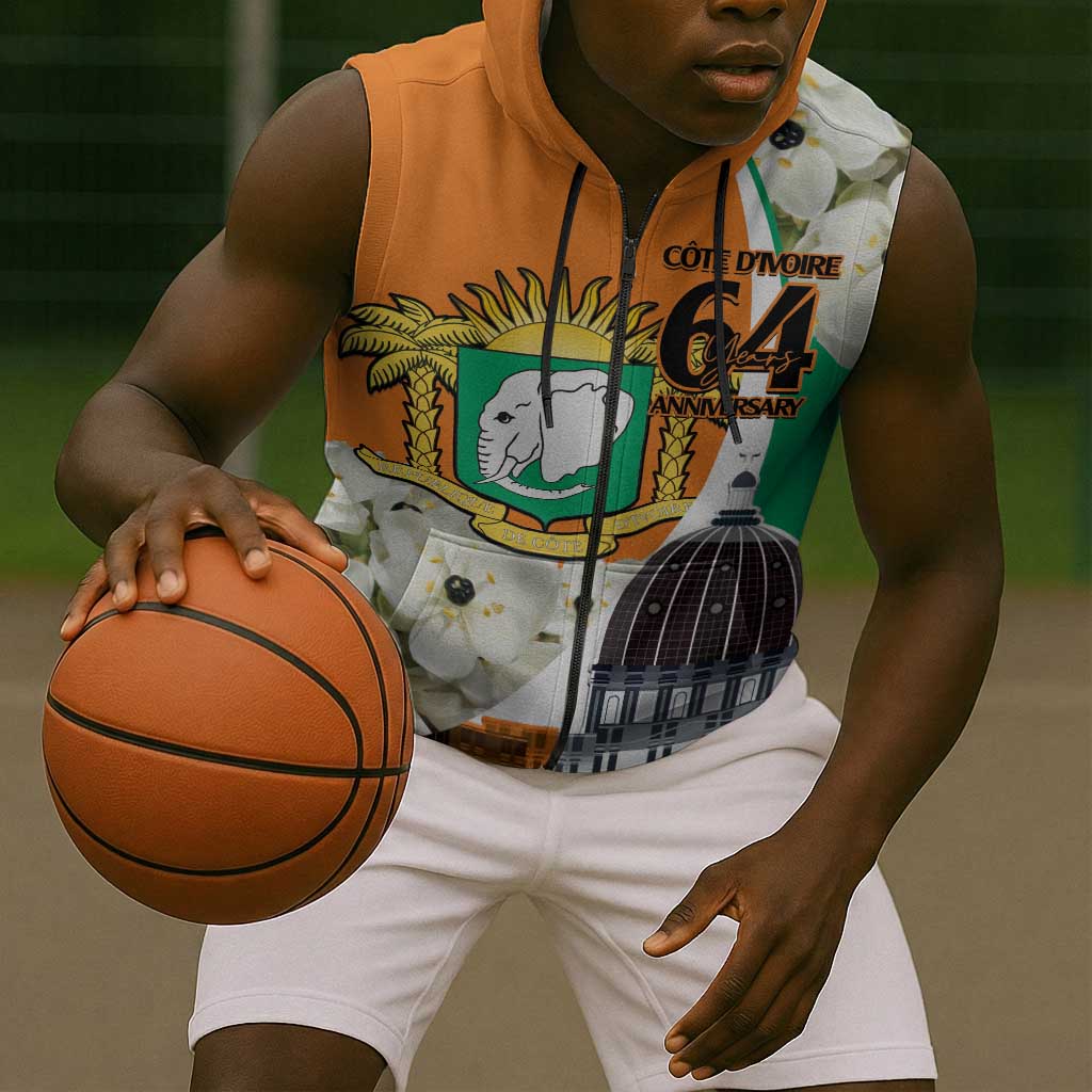 Personalized Ivory Coast Independence Day Sleeveless Zip Hoodie Ornithogalum Arabicum Happy 64 Years Anniversary - African Pride