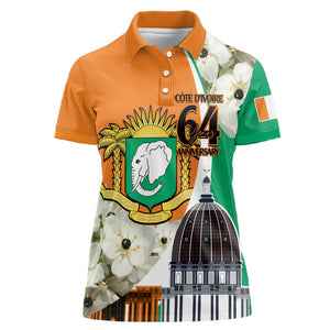 Personalized Ivory Coast Independence Day Women Polo Shirt Ornithogalum Arabicum Happy 64 Years Anniversary