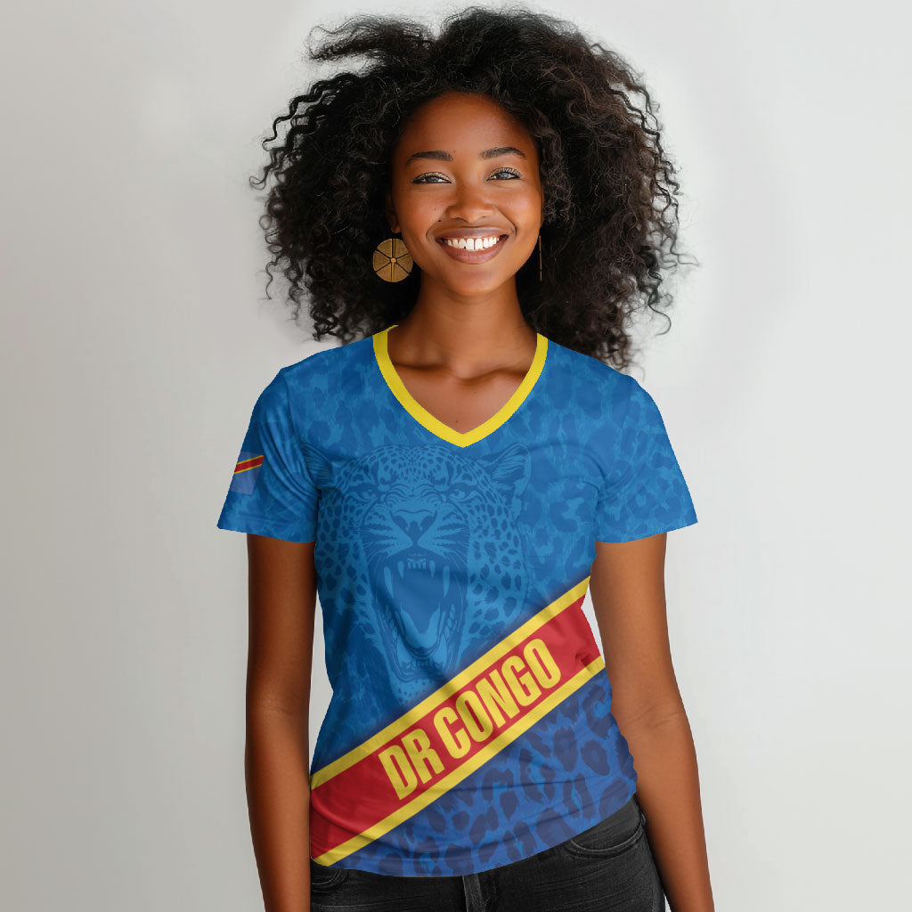 DR Congo Basketball Custom Women V-Neck T-Shirt 2026 Go Leopards