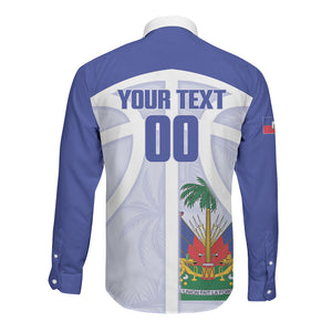Haiti Basketball Custom Long Sleeve Button Shirt Ayiti Coat Of Arms White Sporty Style