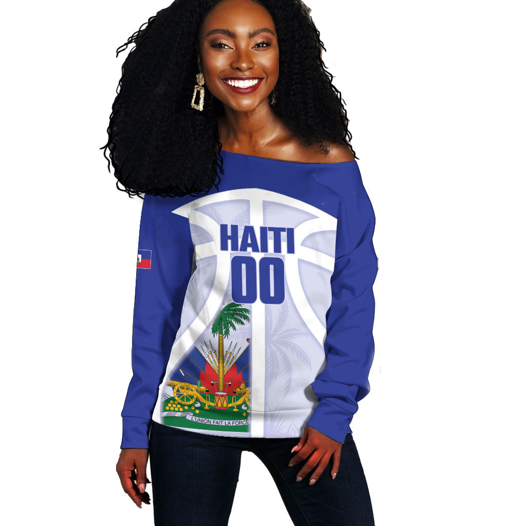 Haiti Basketball Custom Off Shoulder Sweater Ayiti Coat Of Arms White Sporty Style