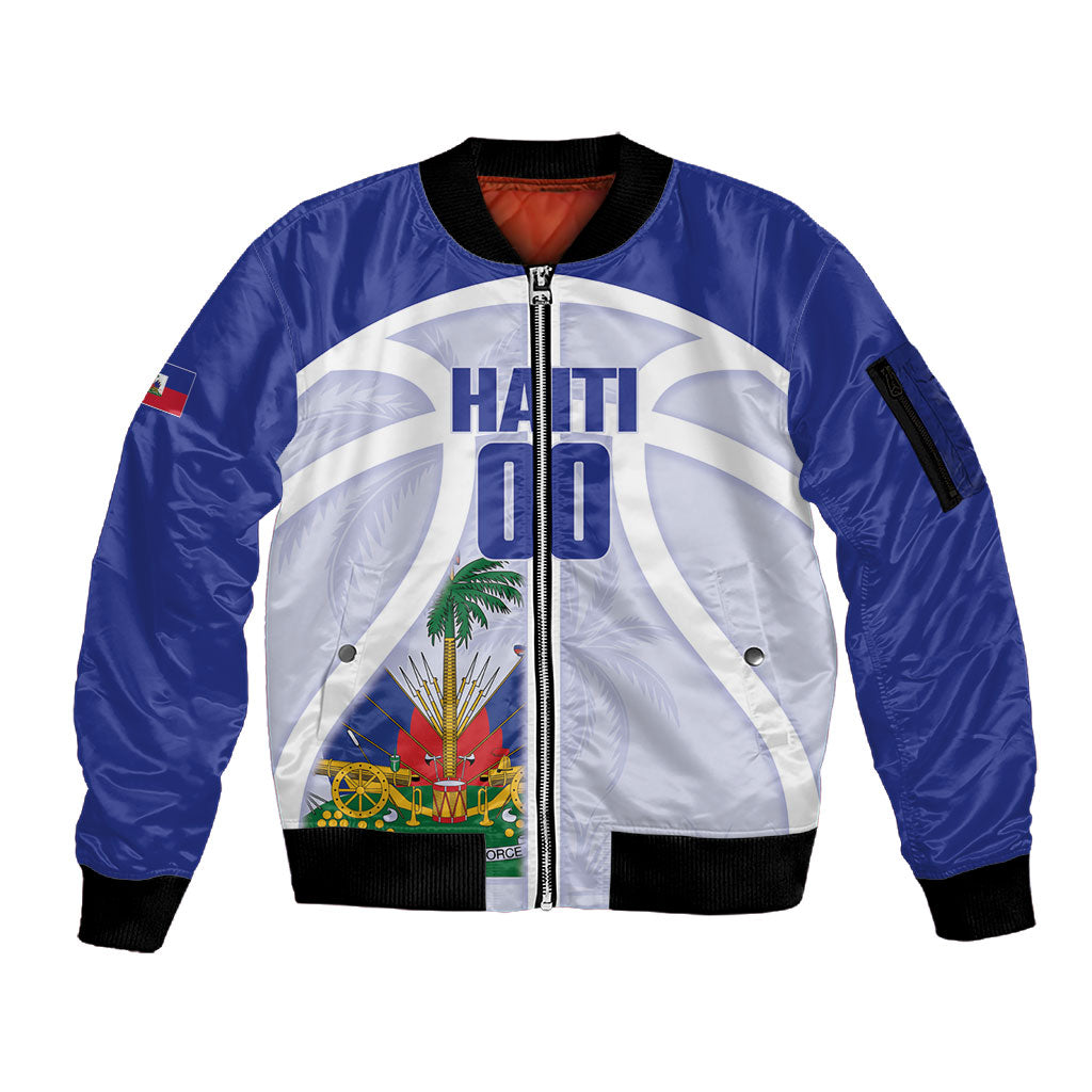 Haiti Basketball Custom Sleeve Zip Bomber Jacket Ayiti Coat Of Arms White Sporty Style