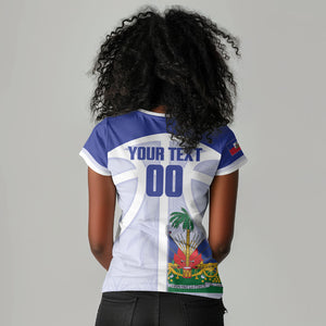 Haiti Basketball Custom Women V-Neck T-Shirt Ayiti Coat Of Arms White Sporty Style