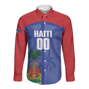 Haiti Basketball Custom Long Sleeve Button Shirt Ayiti Coat Of Arms Blue Sporty Style