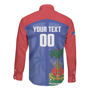 Haiti Basketball Custom Long Sleeve Button Shirt Ayiti Coat Of Arms Blue Sporty Style