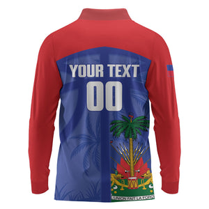 Haiti Basketball Custom Long Sleeve Polo Shirt Ayiti Coat Of Arms Blue Sporty Style