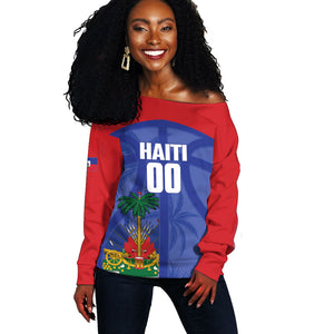Haiti Basketball Custom Off Shoulder Sweater Ayiti Coat Of Arms Blue Sporty Style