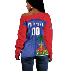 Haiti Basketball Custom Off Shoulder Sweater Ayiti Coat Of Arms Blue Sporty Style