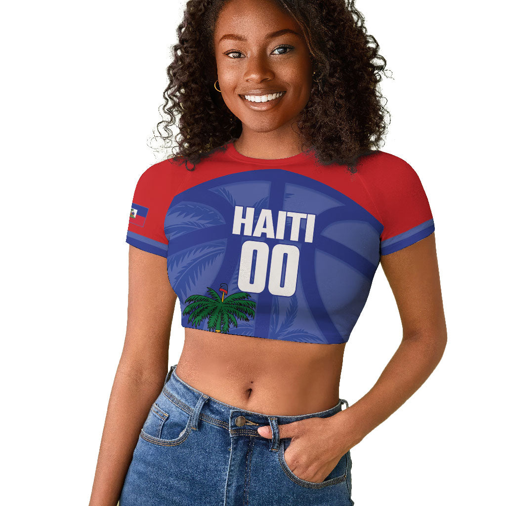 Haiti Basketball Custom Raglan Cropped T shirt Ayiti Coat Of Arms Blue Sporty Style