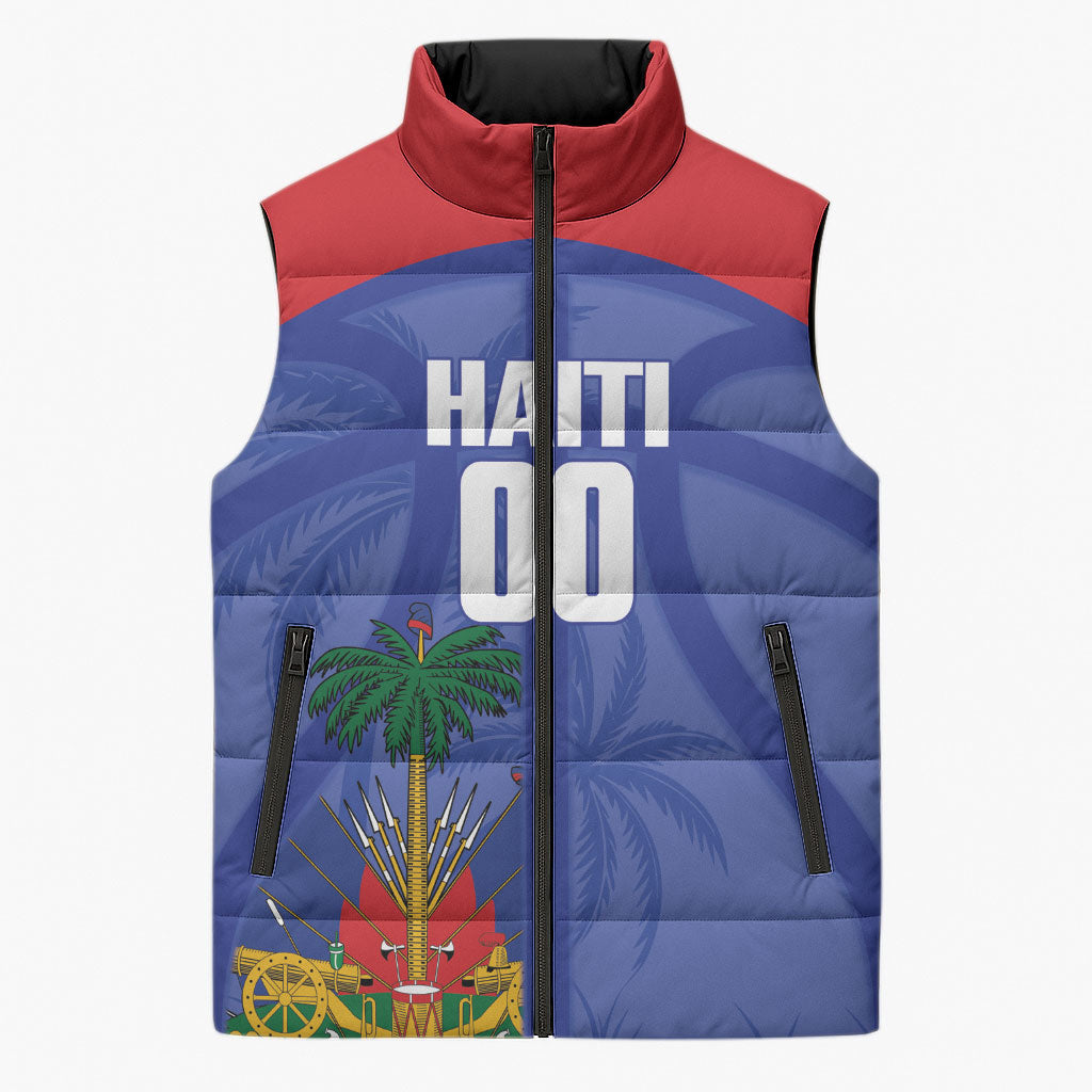 Haiti Basketball Custom Sleeveless Puffer Jacket Ayiti Coat Of Arms Blue Sporty Style