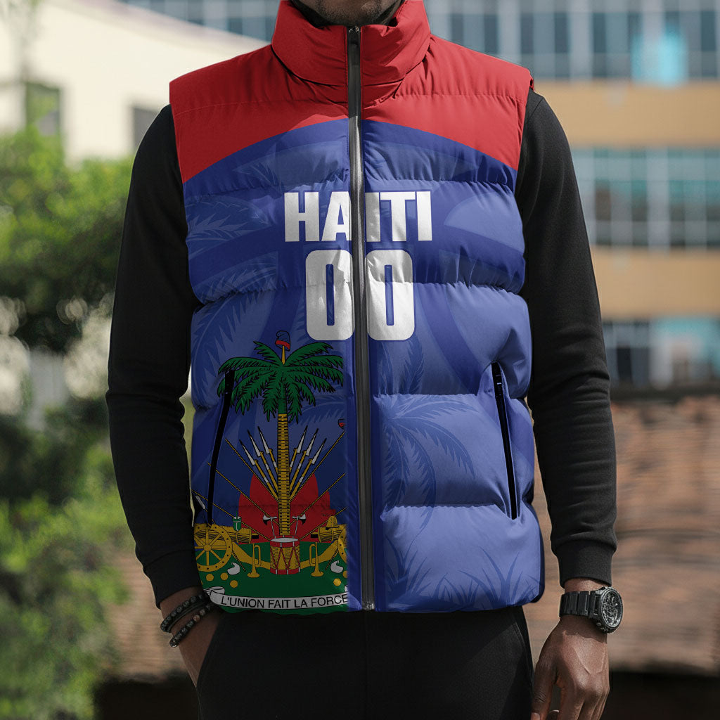 Haiti Basketball Custom Sleeveless Puffer Jacket Ayiti Coat Of Arms Blue Sporty Style