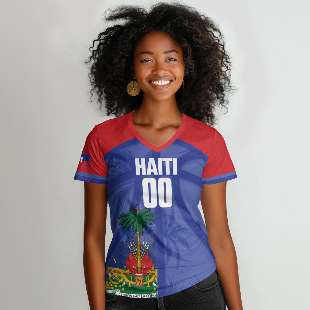 Haiti Basketball Custom Women V-Neck T-Shirt Ayiti Coat Of Arms Blue Sporty Style