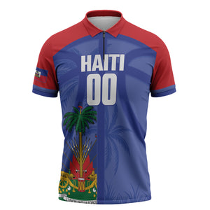 Haiti Basketball Custom Zipper Polo Shirt Ayiti Coat Of Arms Blue Sporty Style