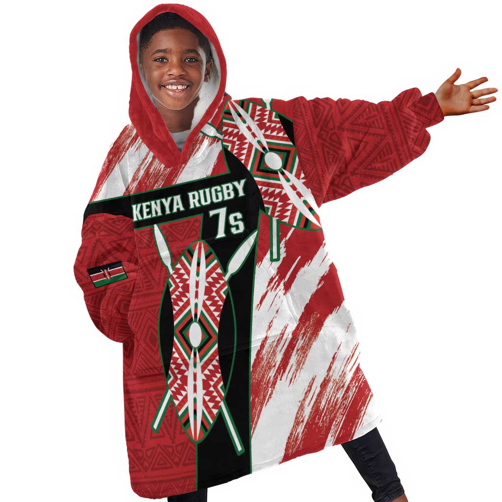 Custom Kenya Rugby Sevens Kid Wearable Blanket Hoodie Maasai Shield With African Pattern