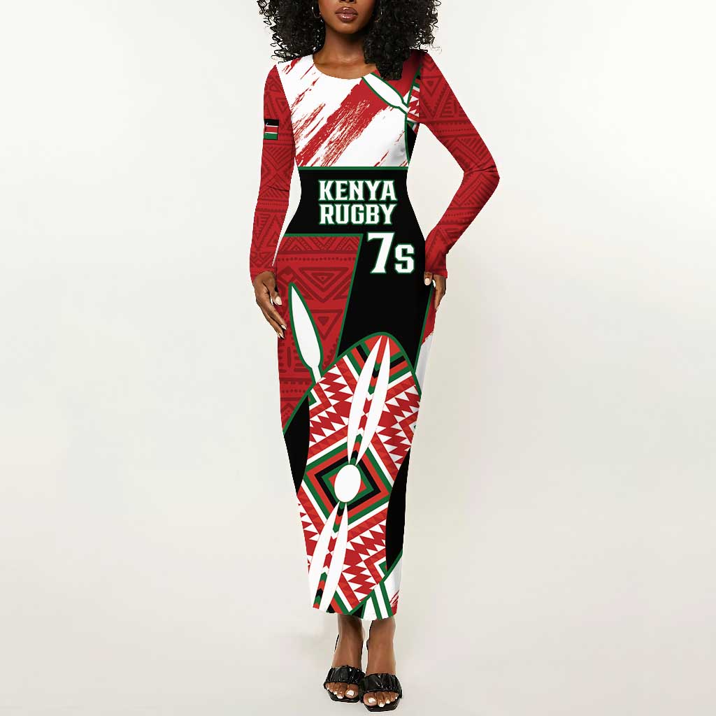 Custom Kenya Rugby Sevens Long Sleeve Bodycon Dress Maasai Shield With African Pattern