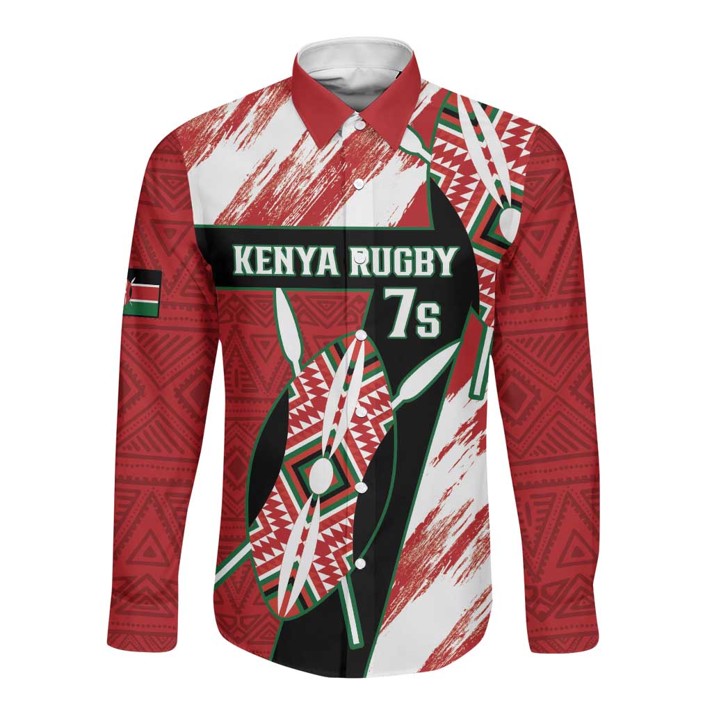 Custom Kenya Rugby Sevens Long Sleeve Button Shirt Maasai Shield With African Pattern