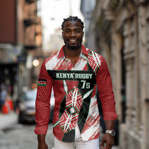 Custom Kenya Rugby Sevens Long Sleeve Button Shirt Maasai Shield With African Pattern