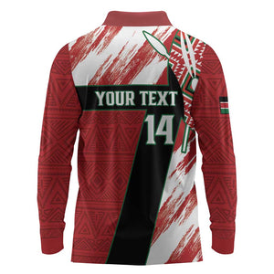 Custom Kenya Rugby Sevens Long Sleeve Polo Shirt Maasai Shield With African Pattern