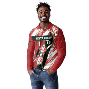 Custom Kenya Rugby Sevens Long Sleeve Polo Shirt Maasai Shield With African Pattern