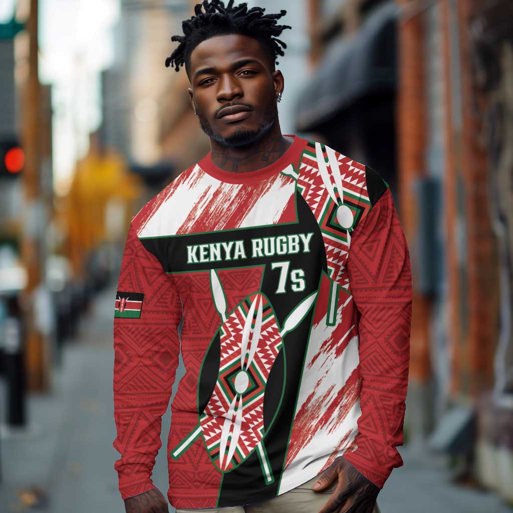 Custom Kenya Rugby Sevens Long Sleeve Shirt Maasai Shield With African Pattern