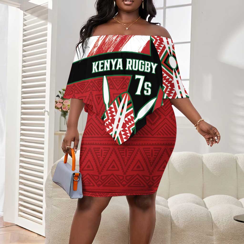 Custom Kenya Rugby Sevens Off Shoulder Short Dress Maasai Shield With African Pattern