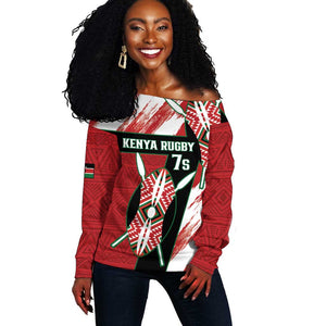 Custom Kenya Rugby Sevens Off Shoulder Sweater Maasai Shield With African Pattern