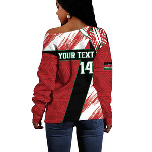 Custom Kenya Rugby Sevens Off Shoulder Sweater Maasai Shield With African Pattern