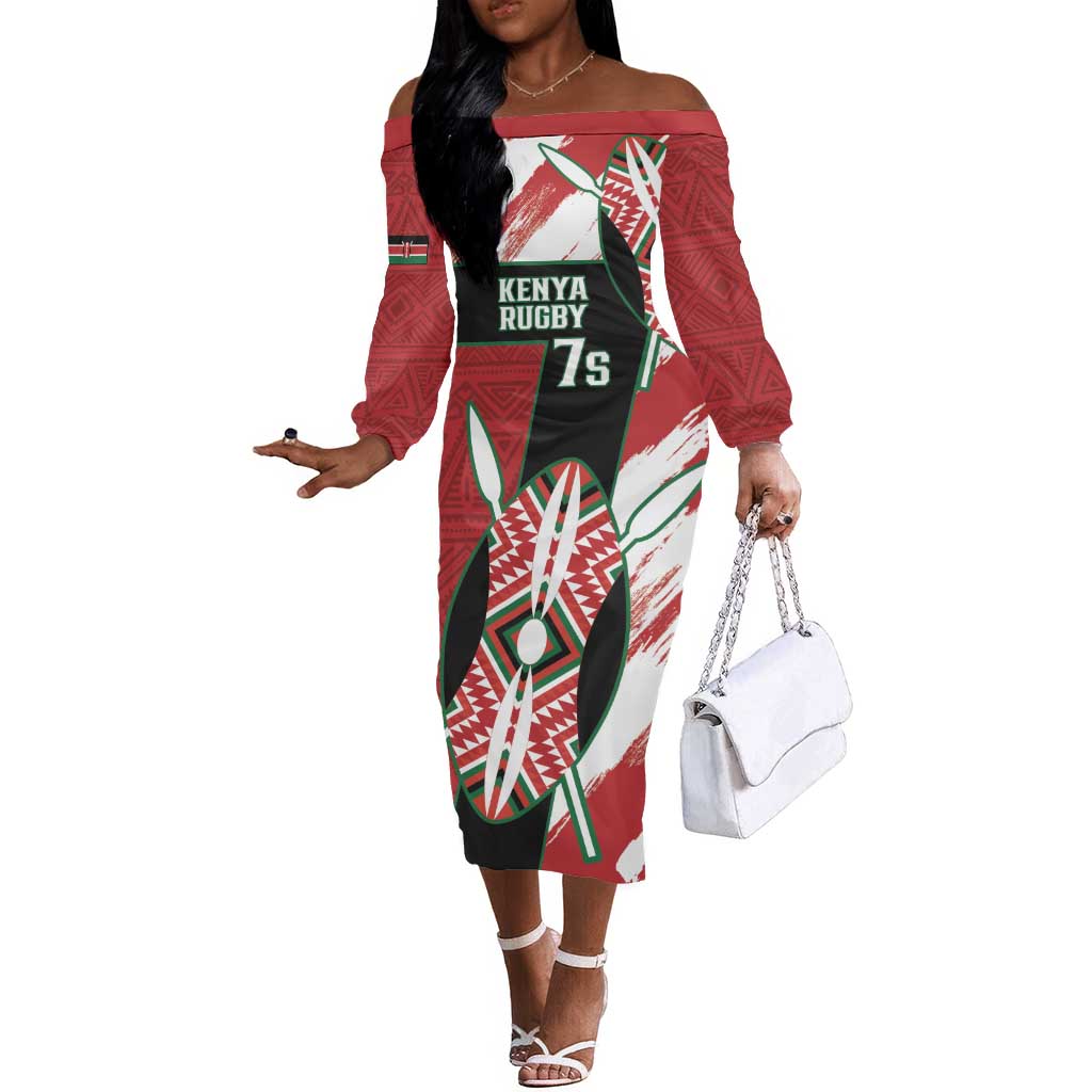 Custom Kenya Rugby Sevens Off The Shoulder Long Sleeve Dress Maasai Shield With African Pattern