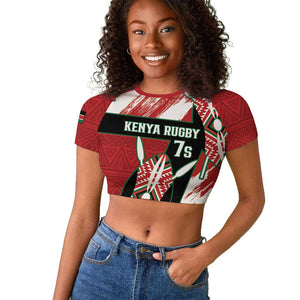 Custom Kenya Rugby Sevens Raglan Cropped T shirt Maasai Shield With African Pattern