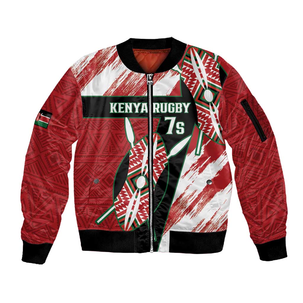 Custom Kenya Rugby Sevens Sleeve Zip Bomber Jacket Maasai Shield With African Pattern