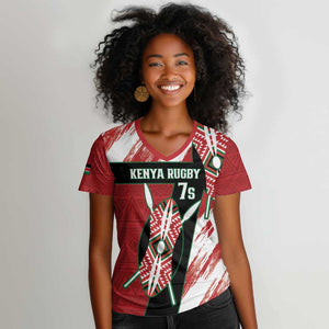 Custom Kenya Rugby Sevens Women V-Neck T-Shirt Maasai Shield With African Pattern