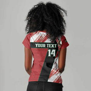 Custom Kenya Rugby Sevens Women V-Neck T-Shirt Maasai Shield With African Pattern