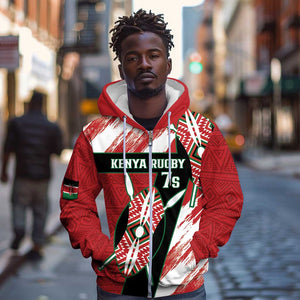 Custom Kenya Rugby Sevens Zip Hoodie Maasai Shield With African Pattern