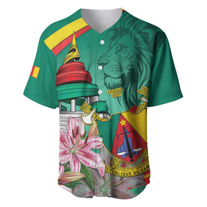 Monument de la Reunification Cameroun Baseball Jersey Coat Of Arms With Lily Flowers