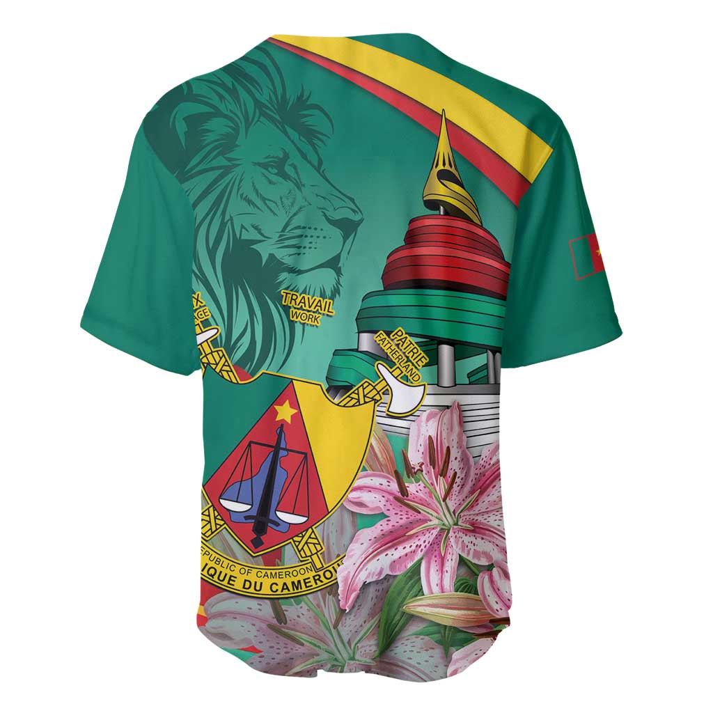 Monument de la Reunification Cameroun Baseball Jersey Coat Of Arms With Lily Flowers